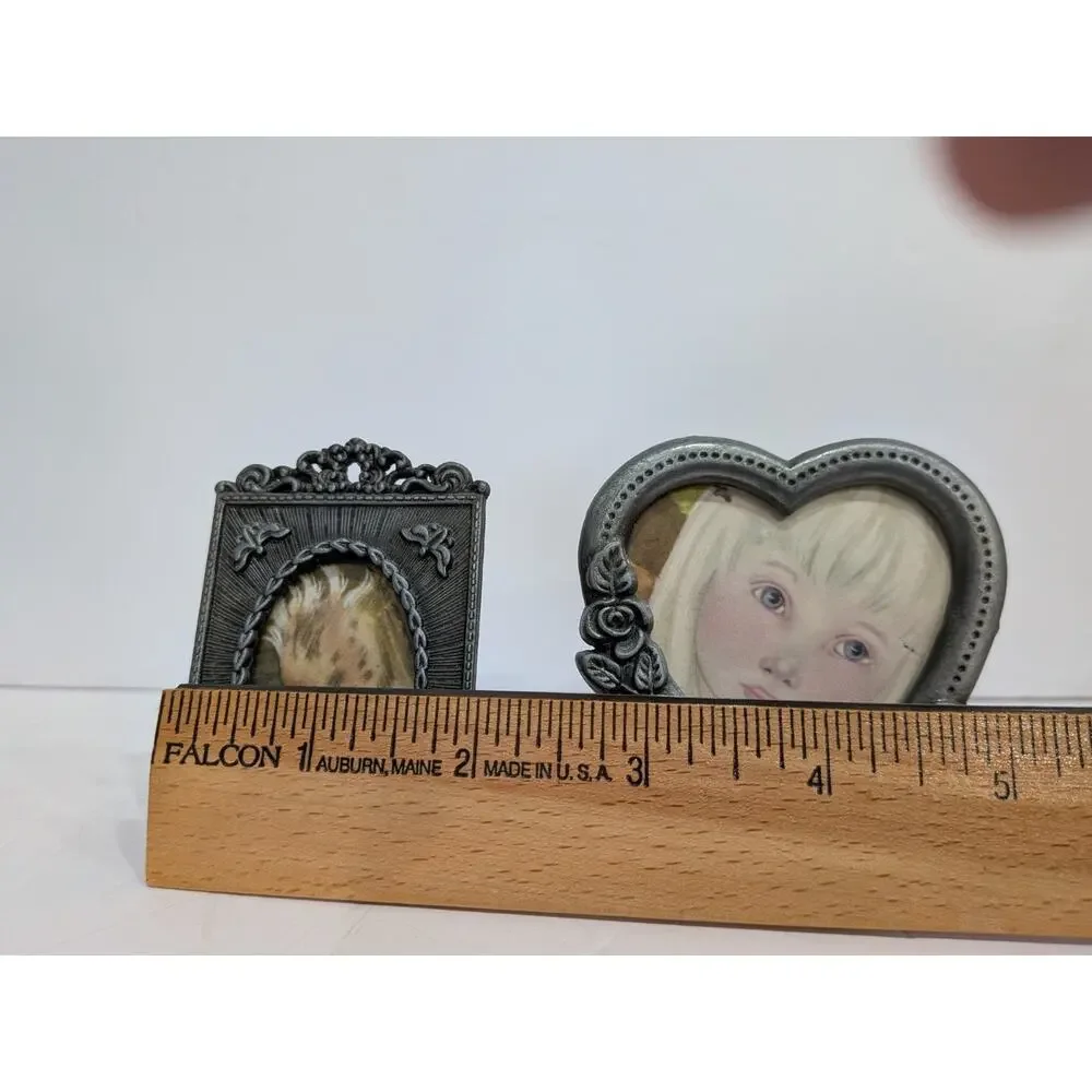 Vintage Pewter Miniature Picture Frames Set of 2 Heart Roses Ornate Filigree